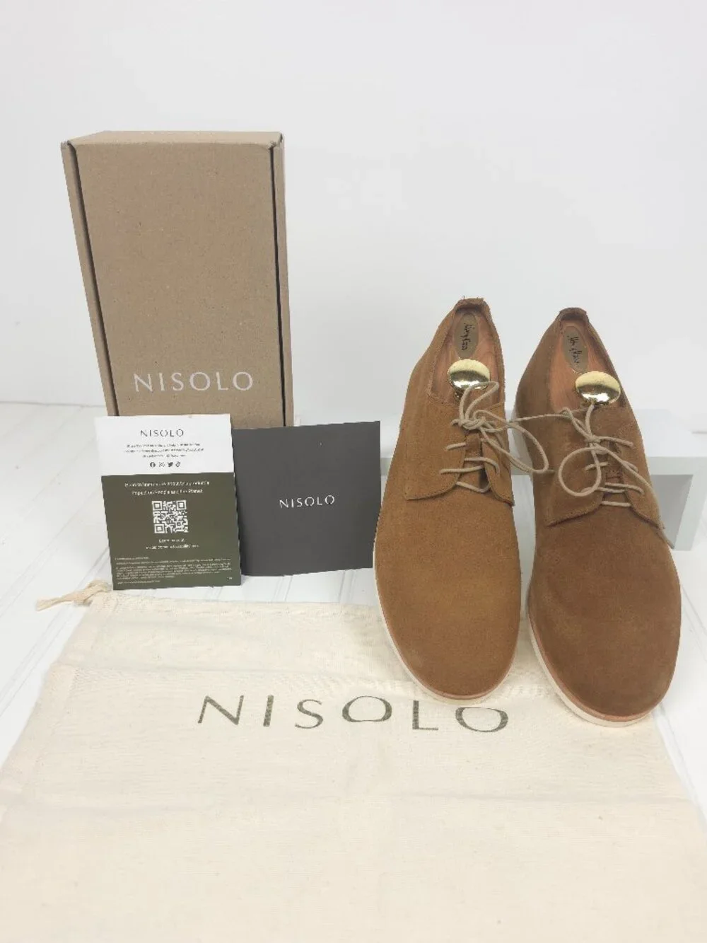 NIB Men's NISOLO Lightweight Flex Derby Suede Leather Oxford Tan Size 9.5